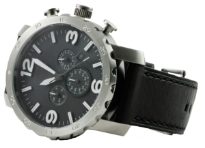 Black wrist watch with large white numbers on the dial