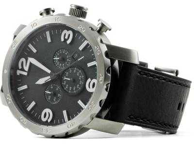 Black wrist watch with white numbers